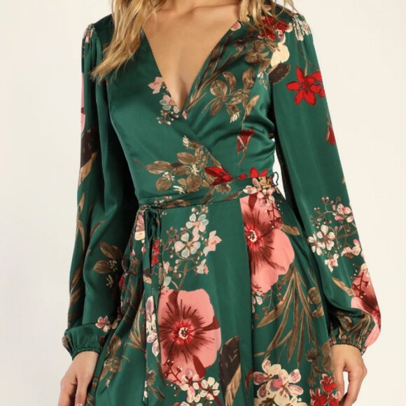Lulus Radiant Elegance Green Floral Print Balloon Sleeve Mini Dress - Picture 1 of 5